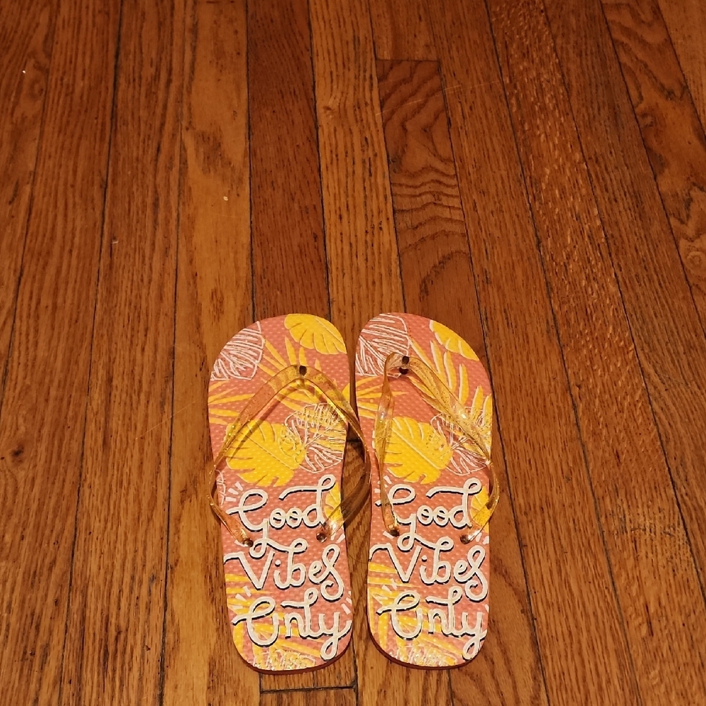 Flip Flops with 'Good Vibes Only' Design - Orange and Yellow